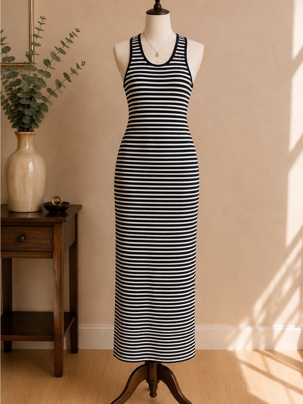 Coastal Black White Striped Maxi Dress Sleeveless Racerback Stretch Vero Moda S